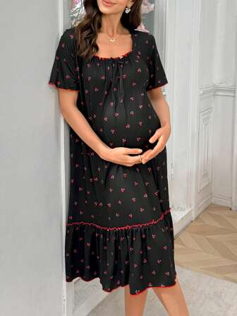 Moonlight & Mama 孕妇女士荷叶边下摆樱桃印花长款睡袍