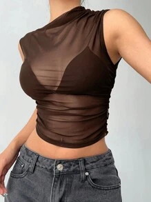 Siren Gaze Black Mesh Draped Round Neck Blouse, Mesh Sheer Top, Outerwear Blouse, For Women Brown Summer Casual - Coffee Brown - View 8