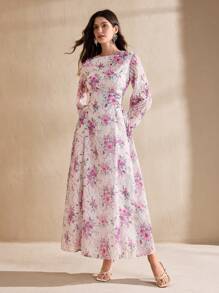 Graceveil Damen Frühlings-/Sommerkleid mit langem Blumen- und Palmenblatt-Muster, romantisch mit geraffter Taille, weitem Rock, bescheiden und elegant im arabischen Stil - Verschiedenfarbig - Übersicht 3