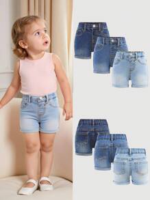 SHEIN 2025新款女婴三件套婴儿深蓝、藏青色、浅蓝色牛仔弹力紧身短裤套装，儿童女童春夏休闲度假乡村波西米亚风服装，儿童女童沙滩装，女童西部街头装，春假，锐舞节牛仔短裤 - 彩色 - 查看 1