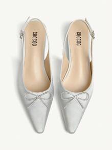 CUCCOO CHICEST Women's Pointed Toe Square Chunky Heel Elegant Romantic Silver Satin Bowknot Slip On Party Wedding High Heels - Silver - View 11