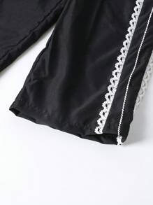 Unlock A Sweet New Style! Spring/Summer Young Girl Printed Vest With Black Trim Paired With Black Lace Trim Pants, Featuring Cute Bow Print And Elegant Lace Trim Details For A Graceful Princess Look, Comfortable And Fashionable 2 Pieces Set,Holiday,Summer,Travel