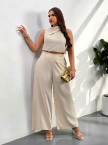 Firerie Plus Size Women Office Commute Casual Elegant Twist Knot Blouse Top And Metal Button Wide-Leg Pants 2 Pieces Set, Spring/Summer - Apricot - View 7