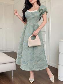 DAZY Vestido de mujer de manga corta y largo medio, de moda para el verano y la Pascua - Verde - Ver 6