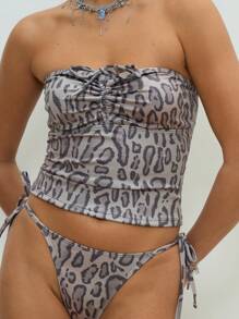 COUREZ Bikini con top a fascia e slip con lacci a stampa animale, set per spiaggia estiva, vacanze, stile Y2K, casual vintage