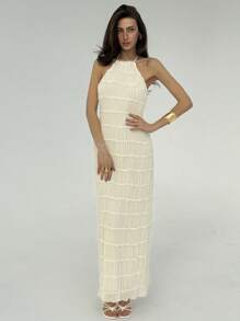 Aloruh Sexy halterjurk met blote rug en gelaagde textuur voor strand/resort, wit, lente/zomer