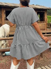 SHEIN LUNE Plus Size Women Plaid Overlap V-Neck Bat Sleeve Casual Dress Summer Outfits For Women Summer Clothes Cute Summer Dresses For Women Rave Outfits Festival For Women Country Concert Outfit Nashville Outfits Brunch Outfits For Women Western Clothes For Women Cowgirl Outfit Summerfashion Summerstyle Summerdress Trendingstyle Summerootd Happy Mother Day Mother Day Dress Vacation Outfits Woman Beach Outfits For Woman Festival - Black and White - View 5