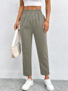 SHEIN PETITE Women Casual Solid Elastic Waist Cropped Pants