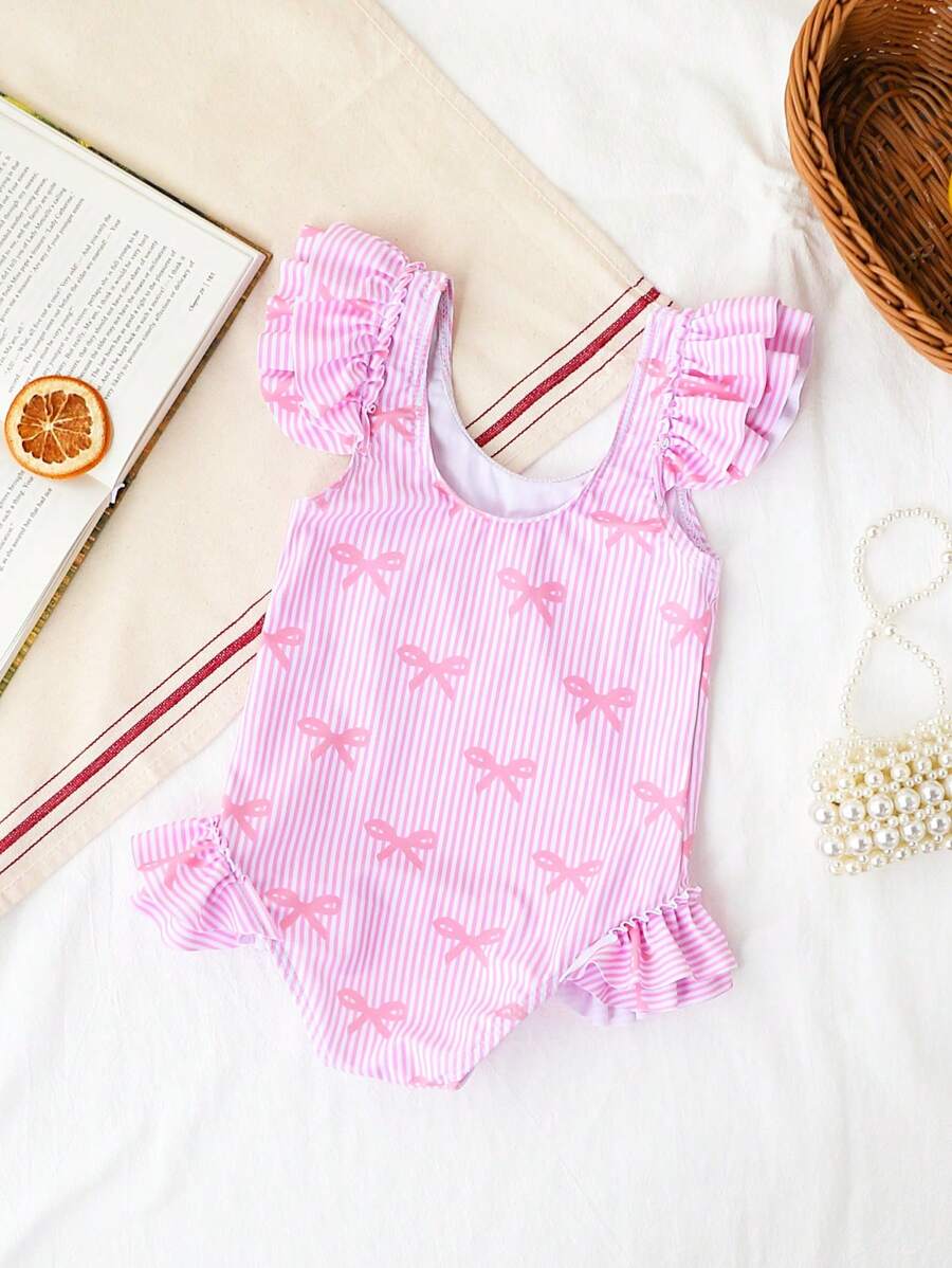 SHEIN Young Girl Pink Bow Stripe Print Ruffle One-Piece Swimsuit,Girls Cute Beachwear Summer Holiday - Pink - View 1