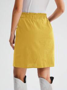 SHEIN LUNE Women's Solid Color Frill Hem Tie Waist Pocket Short Casual Skirt