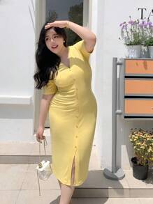 Dazy Plus Vestido de corte envolvente de talla grande de punto elástico con manga corta, cuello en V, decoración de botón, dobladillo dividido. Vestido casual de mujer para el sol, vestidos de mujer de talla grande - Amarillo - Ver 7