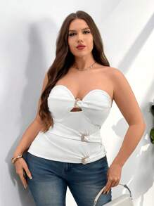 Firerie Blusa Assimétrica com Cinto de Metal Decorativo sem Alça para Mulheres Plus Size, Elegante, Minimalista, Chique, Moda de Festa, Diária, Festival de Música, Trabalho, Primavera/Verão - Branco - Visão 5
