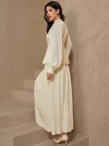 DAZY SHEIN X Hannahelzahed 女士奶油黄色蕾丝刺绣衬衫和裙子两件套沙滩装，夏季 - 米色 - 查看 5