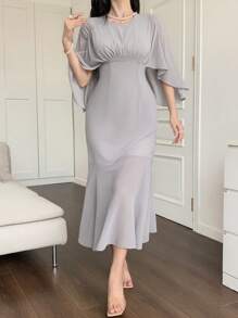 DAZY 女士优雅纯色褶皱中长连衣裙 - 灰色 - 查看 8