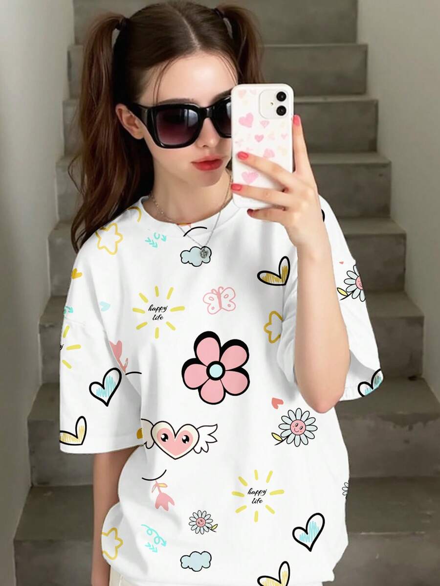 SHEIN Leap Crew Teens' Casual Minimalist Oversized Knitted T-Shirt, Suitable For Summer - Multicolor - View 1