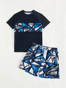 Tween Boys Geometric Print Swimsuit Set,Short-Sleeved Top + Printed Beach Shorts Two-Piece Set,Surfing Suit