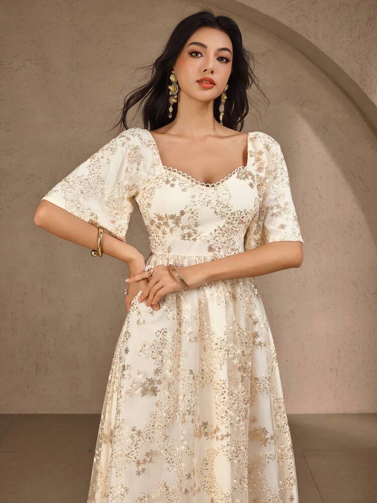Women's Cream Yellow Sequin Waist Cinching Music Festival Beach Dress, Summer Dress, Graduation Dress Maxi Dress