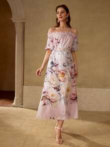 MOTF PREMIUM LINEN FLORAL PRINTED OFF SHOULDER MIDI DRESS - Pink - View 6