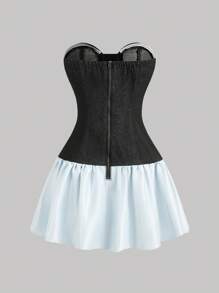 SHEIN MOD Women's Summer Bowknot Contrast Color Strapless Denim Dress - Black - View 2