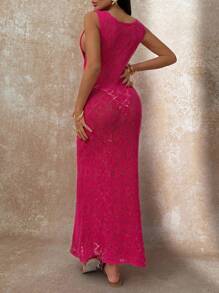 EURMUSE Women Solid Color Hollow Out Long Knit Cover Up - Pink - View 2