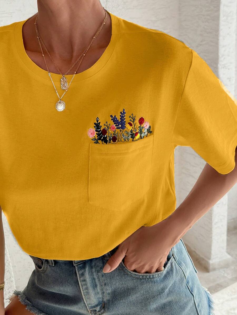 EURMUSE 100%纯棉花朵刺绣T恤，圆领，口袋细节 - 黃色 - 查看 1