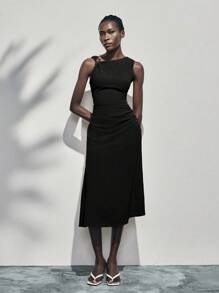 Lumivelle Vestido sin mangas con detalle de anillo metálico y fruncido en la cintura, vestido de verano - Negro - Ver 5