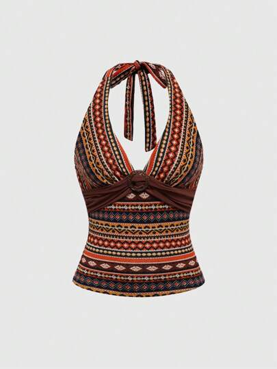 Hippie Women Geometric Print Halter Backless Casual Vacation Bodycon Tank Top