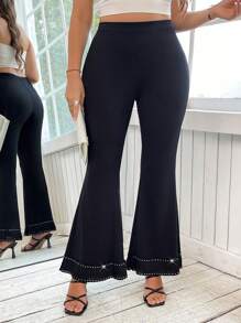 SHEIN Clasi Pantaloni a zampa in maglia nera elasticizzata, eleganti e casual, da donna curvy e formose, con strass luccicanti, pantaloni neri, jeans a zampa, outfit estivi da donna, casual business, per uscire, abiti da ufficio per donne, stile old money, abbigliamento business casual da donna, pantaloni estivi, pantaloni da lavoro