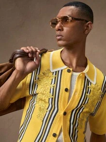 AKNOTIC Men's Knitted Yellow And Golden Floral Applique Casual Slim Fit Short Sleeve Knitted Shirt, Suitable For Summer, Vacation, Daily Wear, Party, Couple Matching, Gift For Men, Father's Day
