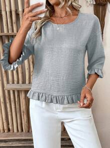 SHEIN Clasi Áo sơ mi vải lanh thường ngày dành cho nữ, tay ngắn, cổ tròn, dáng rộng, vải dệt màu xanh lam, viền bèo ở cổ tay và gấu áo, dành cho kỳ nghỉ hè - Xám - Xem 6