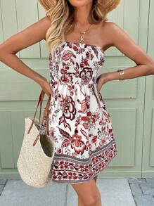 SHEIN LUNE Romantic Floral Print Short Dress For Vacation/Date, Elastic Bust, In Spring