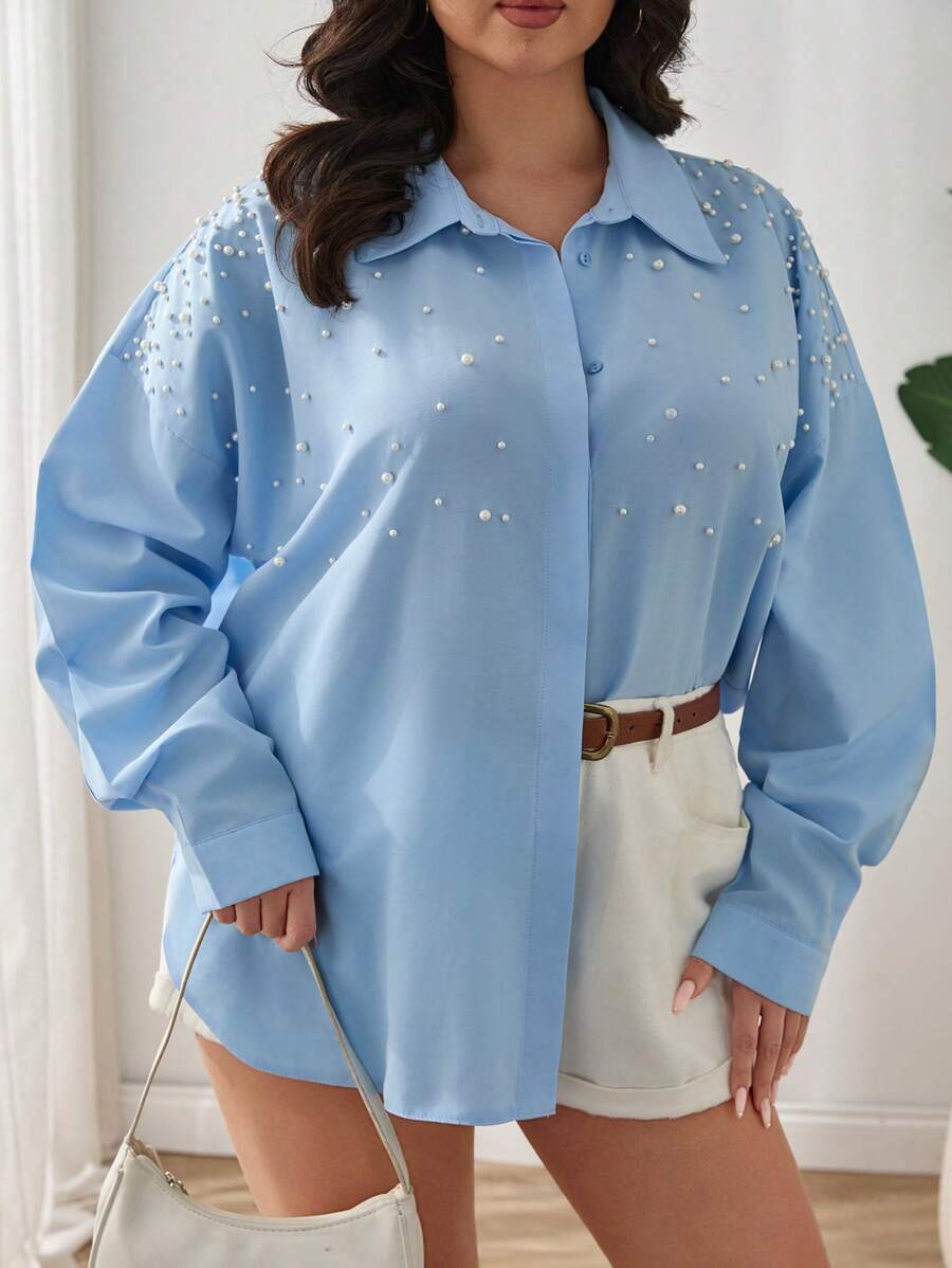 RueChic Cottnline Pearls Beaded Drop Shoulder Shirt - Blue - View 1