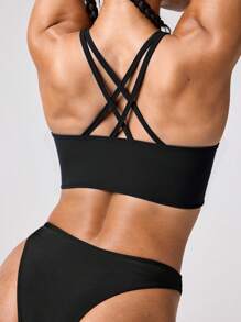 Swim Nautrix Swim SPRTY Summer Solid Color New Halter Strappy Criss Cross Back Casual Sports Swimsuit Top - Black - View 7