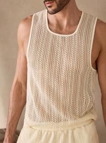 Manfinity NXTstreet 2 Pieces Set Men's Casual Hollow Wave Jacquard Knitted Fitted Tank Top Set - Apricot - View 2