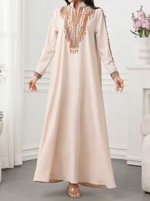 SHEIN Najma Elegant Ramadan Women Loose Fit Long Sleeve Embroidered Robe, Modest Kaftan - Khaki - View 5