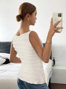 SHEIN Frenchy Women's Burnout Embroidery Frill Trim Button Front Sleeveless Shirt Summer Elegant - Beige - View 2