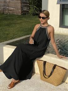 Livesso Women's Sleeveless Ruffle Hem Dress, Casual Loose Vacation Long Dress For Summer Linen