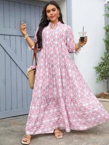 SHEIN VCAY Plus Size Print Sleeveless Dress, Beach Vacation Wear,Summer Outfits For Women - Pink - View 3