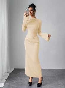 Modelyn Đầm suông dài tay xếp ly màu trơn thanh lịch cho nữ - Màu be - Xem 4