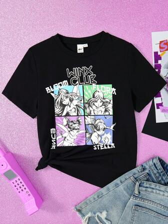 The Winx X SHEIN Tween Girl Cartoon Anime Graphic Loose Fit Short Sleeve T-Shirt
