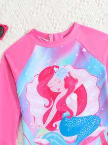 女童连体泳衣（图案印花） - 玫紅色 - 查看 4