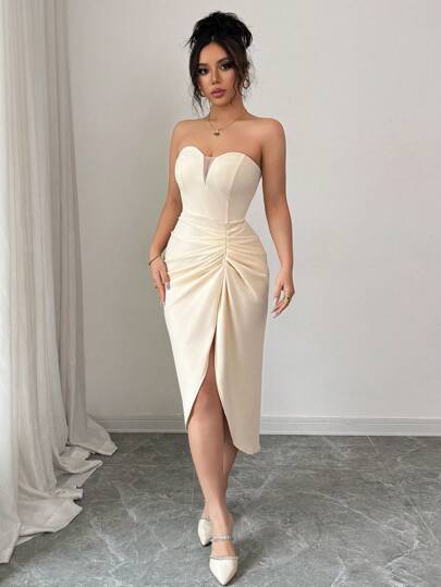 Elenzga 女士优雅浪漫无袖V领褶饰腰部开衩下摆连衣裙