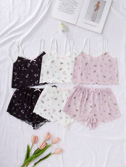CottageSlumber Ins 风格甜美碎花吊带背心和短裤睡衣套装，浪漫少女多件套睡衣套装假日季节，丰富的花卉华丽舒适优雅的细节