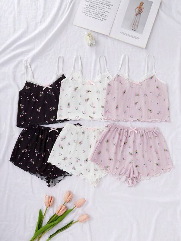 CottageSlumber Ins Stil süßes Dithy Blumen Top & Shorts Pyjama Set, romantisches mädchenhaftes Mehrteiler Nachtwäsche Set für Urlaubszeit, Ferien