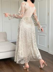DAZY Rochie elegantă de toamnă, de înaltă calitate, cu talie înaltă, cu model umbrelă de soare, rochie jacquard de lungime medie pentru femei, rochie cu mânecă lungă, rochii florale pentru femei - Caisă - Vizualizare 3