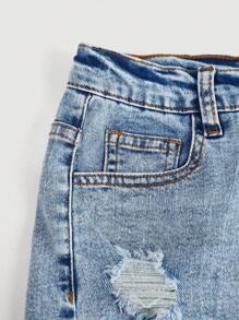 SHEIN Girlism Shorts vaqueros de mezclilla desgastada con bolsillos en diagonal para niñas preadolescentes, conjuntos de ropa de verano para niñas estilo bohemio casual