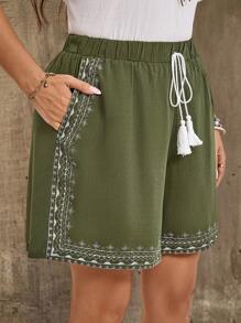 EMERY ROSE 大码假日休闲印花拼布短裤，乡村休闲度假，简约时尚，适合日常穿着，夏季度假办公室穿着，度假，节日波西米亚风，假日