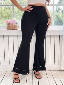 SHEIN Clasi Pantaloni a zampa in maglia nera elasticizzata, eleganti e casual, da donna curvy e formose, con strass luccicanti, pantaloni neri, jeans a zampa, outfit estivi da donna, casual business, per uscire, abiti da ufficio per donne, stile old money, abbigliamento business casual da donna, pantaloni estivi, pantaloni da lavoro