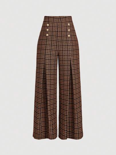 SHEIN MOD Plus Size Retro Plaid Urban Commuter High-Waisted Wide Leg Pants, Elegant Gingham Tweed