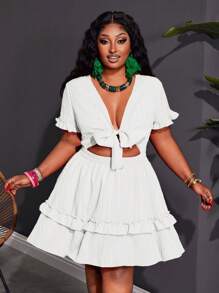 Slaydiva Plus Size Women's White Mini Dress,Summer Holiday Party Wedding Guest Holiday, Vacation Fitted A-Line Ruffled Chest Tie Knot Details - White - View 8